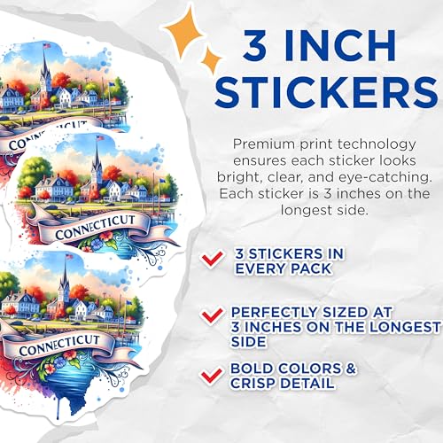 (3 Pack) Connecticut Decals - Watercolor State Art - Laptop Decals- 3 Inches On Longest Side - Easy Peel & Apply - Made in USA - 3MCS5571