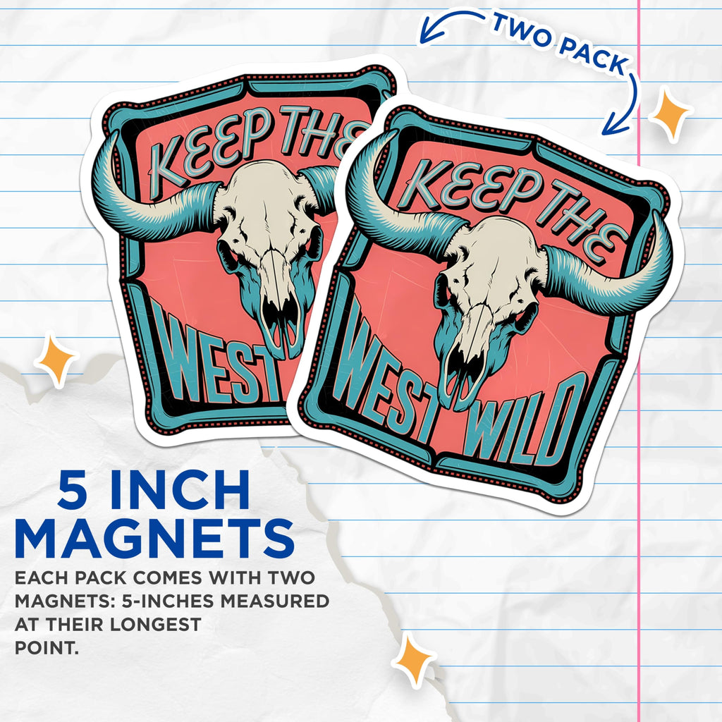 (2 Pack) Western Bull Skull Magnets - Keep The West Wild Decor - Longhorn Southwestern Kitchen Magnet - 5 Inches On Longest Side - Thick Durable Magnet - Made in USA - MAG21060