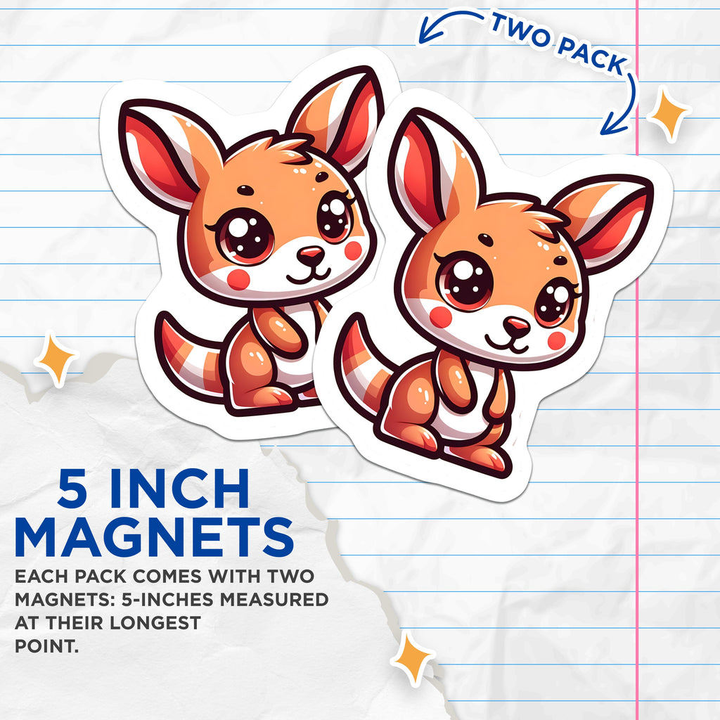 (2 Pack) Cute Kawaii Kangaroo Magnets - Chibi Animal Art - Fridge Locker Decor - 5 Inches On Longest Side - Thick Durable Magnet - Made in USA - MAG36499