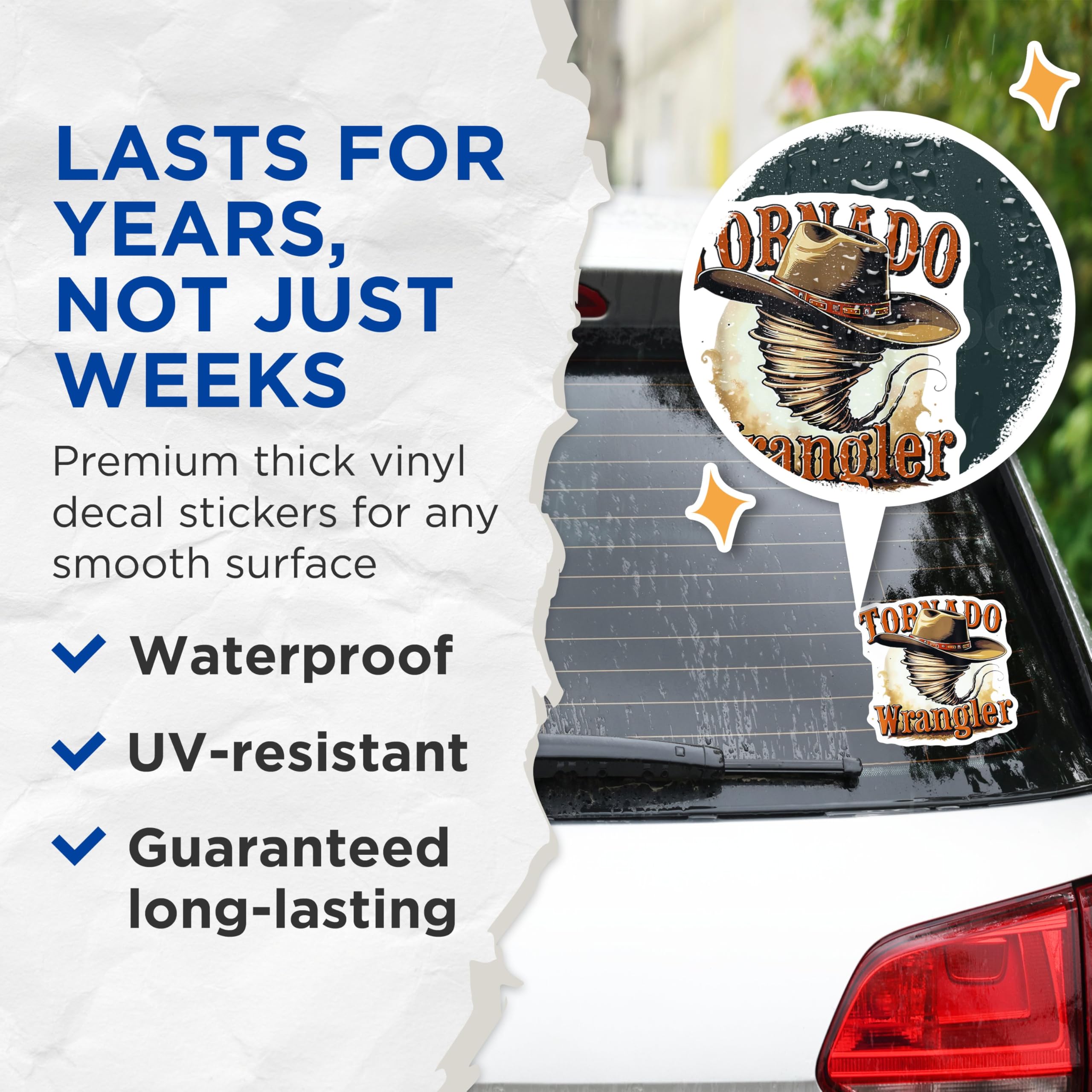 (2 Pack) Tornado Wrangler Stickers - Cowboy Hat Stickers - Twister Decals - 5" On Longest Side - Sticks to Any Smooth Flat Surface - Made in USA - BMCS3597