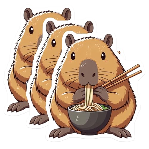(3 Pack) Capybara Ramen Decals - Cute Animal Sticker - Laptop Decal - Chopsticks Noodle Art - 3 Inches On Longest Side - Easy Peel & Apply - Made in USA - 3MCS8671