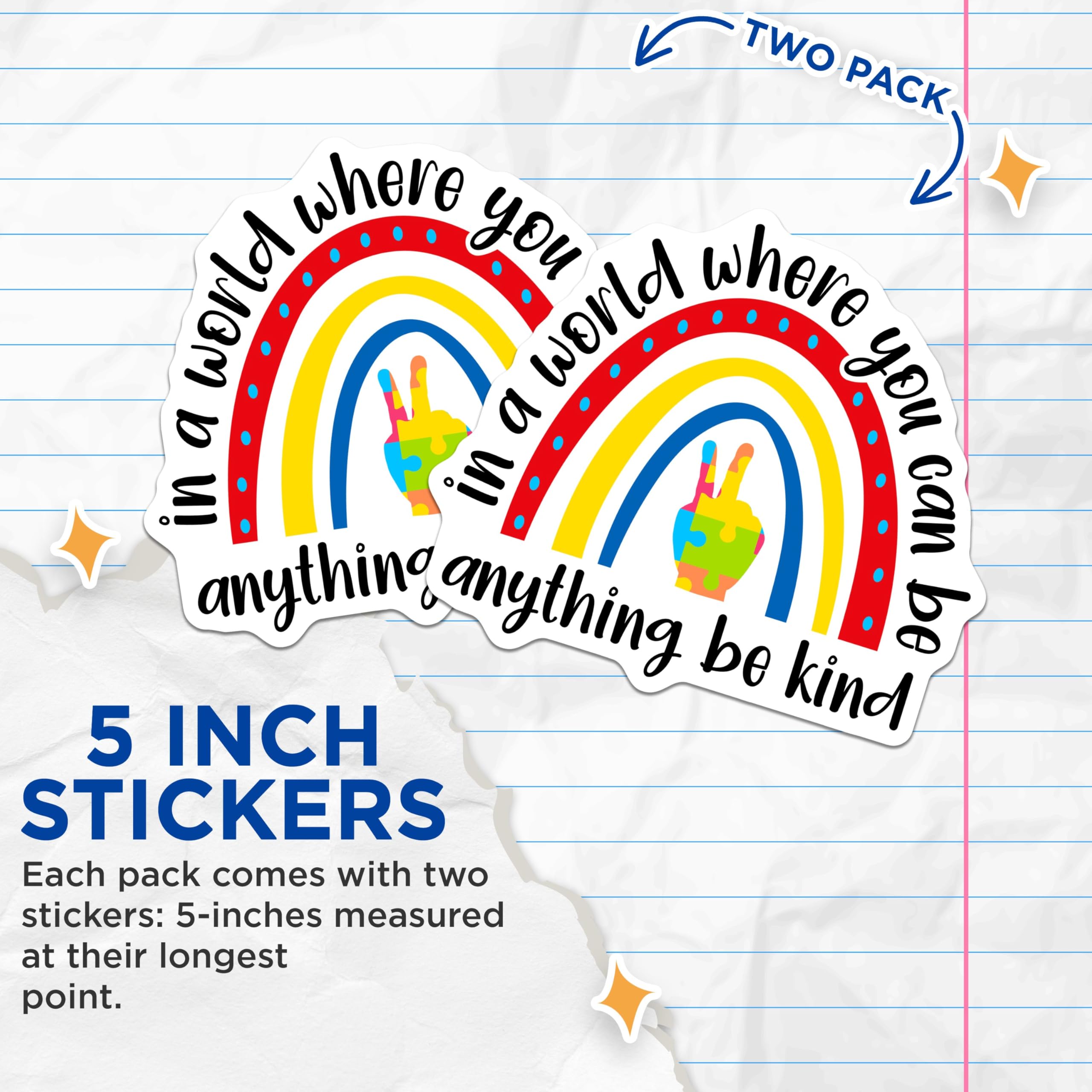 (2 Pack) Be Kind Stickers - Inspirational Quote Stickers - Rainbow Peace Sign Stickers for Laptops Tablets Water Bottles - 5" On Longest Side - Sticks to Smooth Flat Surfaces - Made in USA - BMCS4274