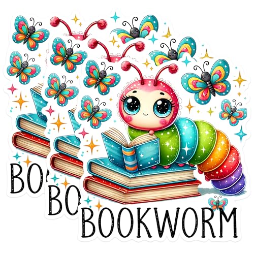 (3 Pack) Bookworm Decals - Reading Caterpillar - Colorful Butterflies - 3 Inches On Longest Side - Easy Peel & Apply - Made in USA - 3MCS1571