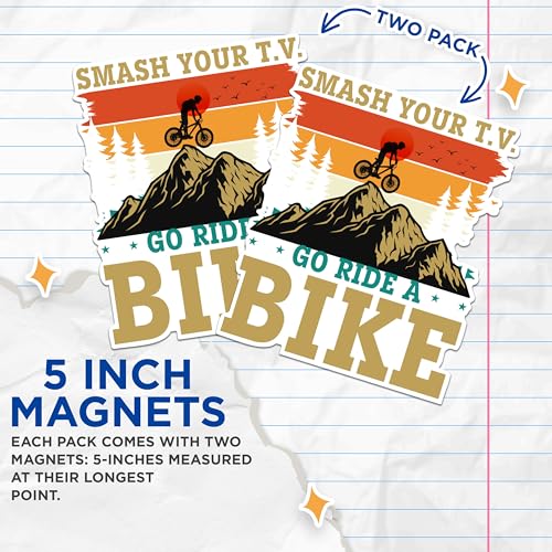 (2 Packs) Smash Your T.V. Go Ride A Bike Magnets - Mountain Biker Bike Rider Magnets - 5 Inches On Longest Side - Premium Magnet - for Fridges, Toolboxes, Cars - Made in USA - MAG2367