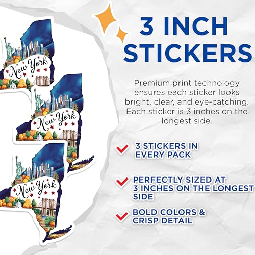 (3 Pack) New York Decals - State Map Stickers - Statue of Liberty - Travel Souvenir - Laptop Decals- 3 Inches On Longest Side - Easy Peel & Apply - Made in USA - 3MCS5065