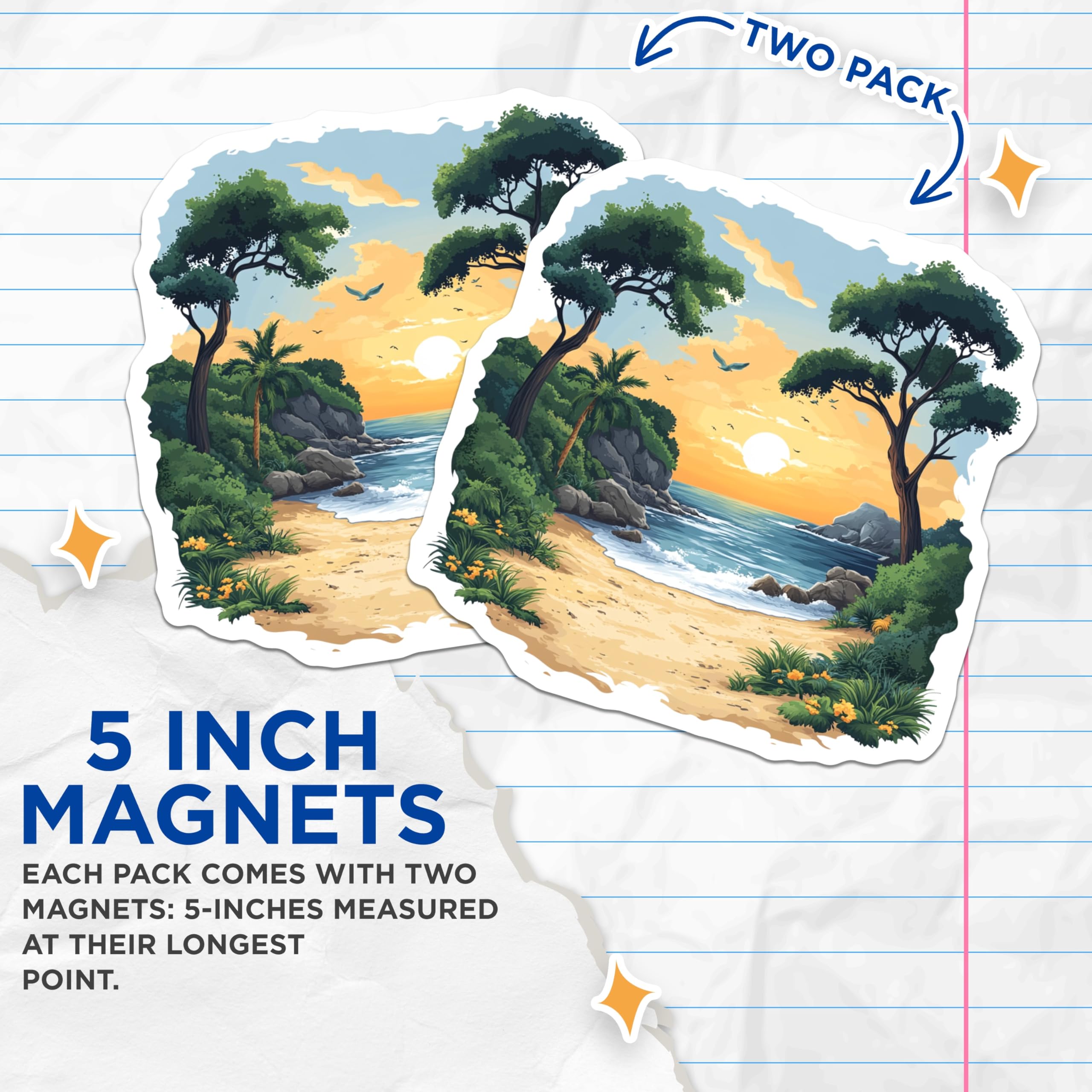 (2 Pack) Serene Ocean Beach Magnets - Tropical Sunset Scene - Vacation Aesthetic Refrigerator Decor - 5 Inches On Longest Side - Thick Durable Magnet - Made in USA - MAG25928