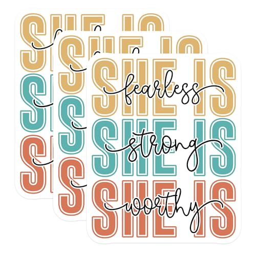 (3 Pack) She is Fearless Decals - Strong and Worthy Decals - Inspirational Decal - 3 Inches On Longest Side - Easy Peel & Apply - Made in USA - 3MCS1856