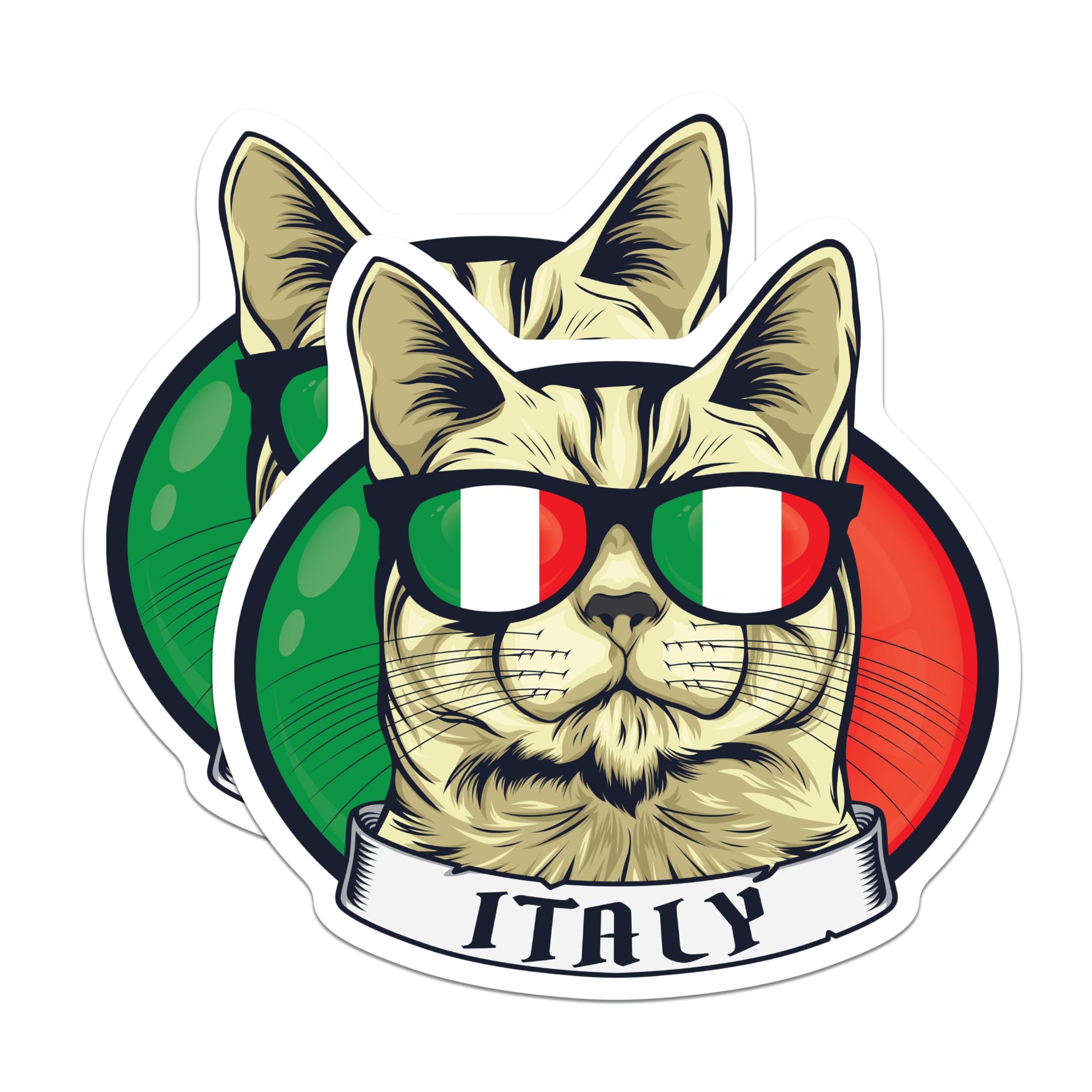 (2 Pack) Cat Italy Stickers - Italian Flag Sunglasses - Cool Kitten Decal - 5" On Longest Side - Sticks to Smooth Flat Surfaces - Made in USA - BMCS17888