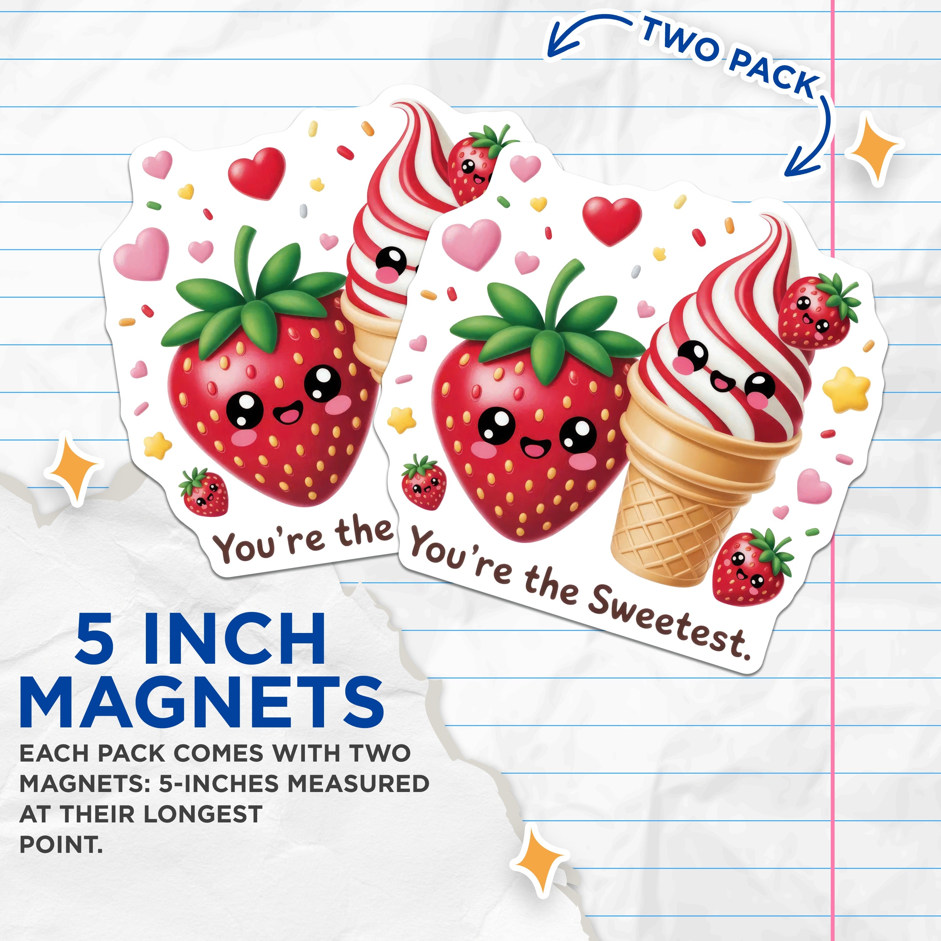 (2 Pack) Kawaii Strawberry Ice Cream Magnets - Cute Foodie Decor - Sweetheart Present - Fridge Locker Adornment - 5 Inches On Longest Side - Thick Durable Magnet - Made in USA - MAG39053