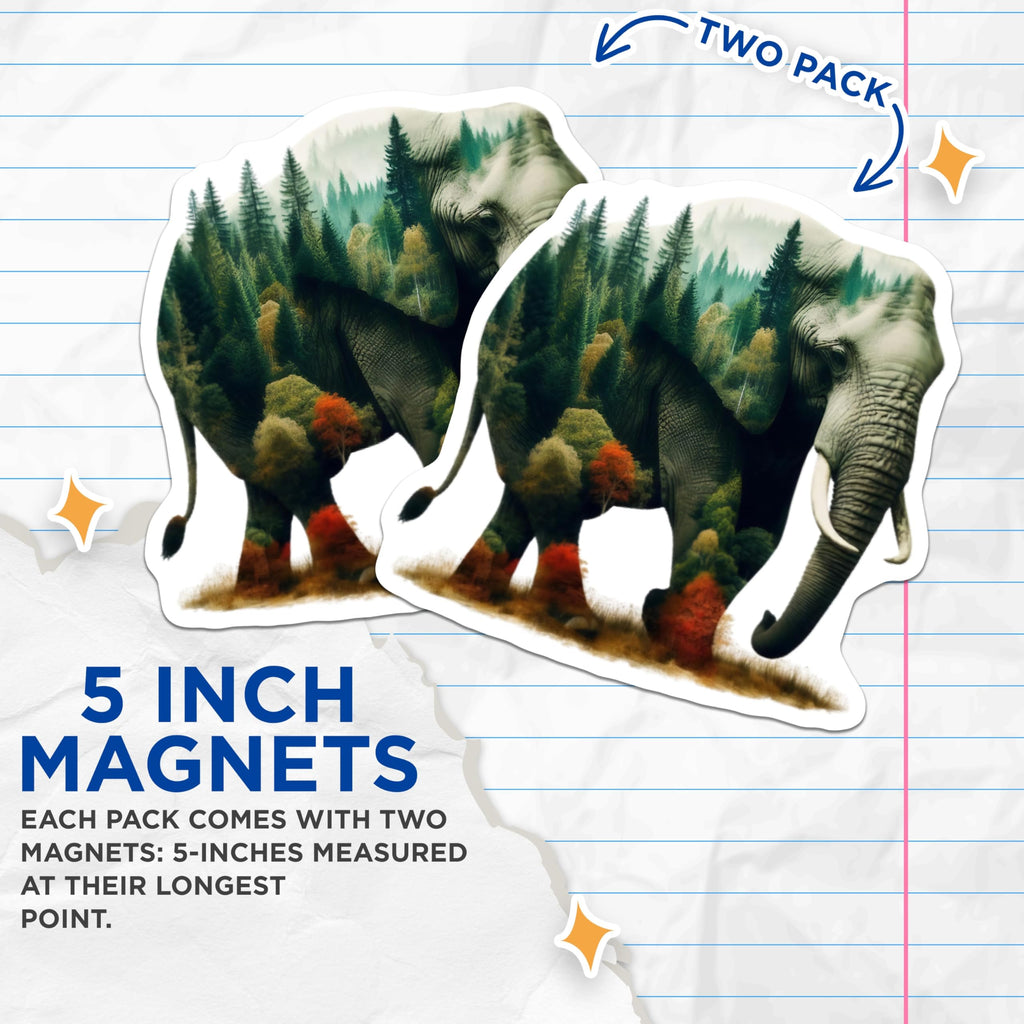 (2 Pack) Elephant Landscape Magnets - Forest Animal Decor - Nature Fridge Magnets - 5" On Longest Side - Premium Magnet - for Cars, Refrigerators, Toolboxes, Lockers - Made in USA - MAG15015