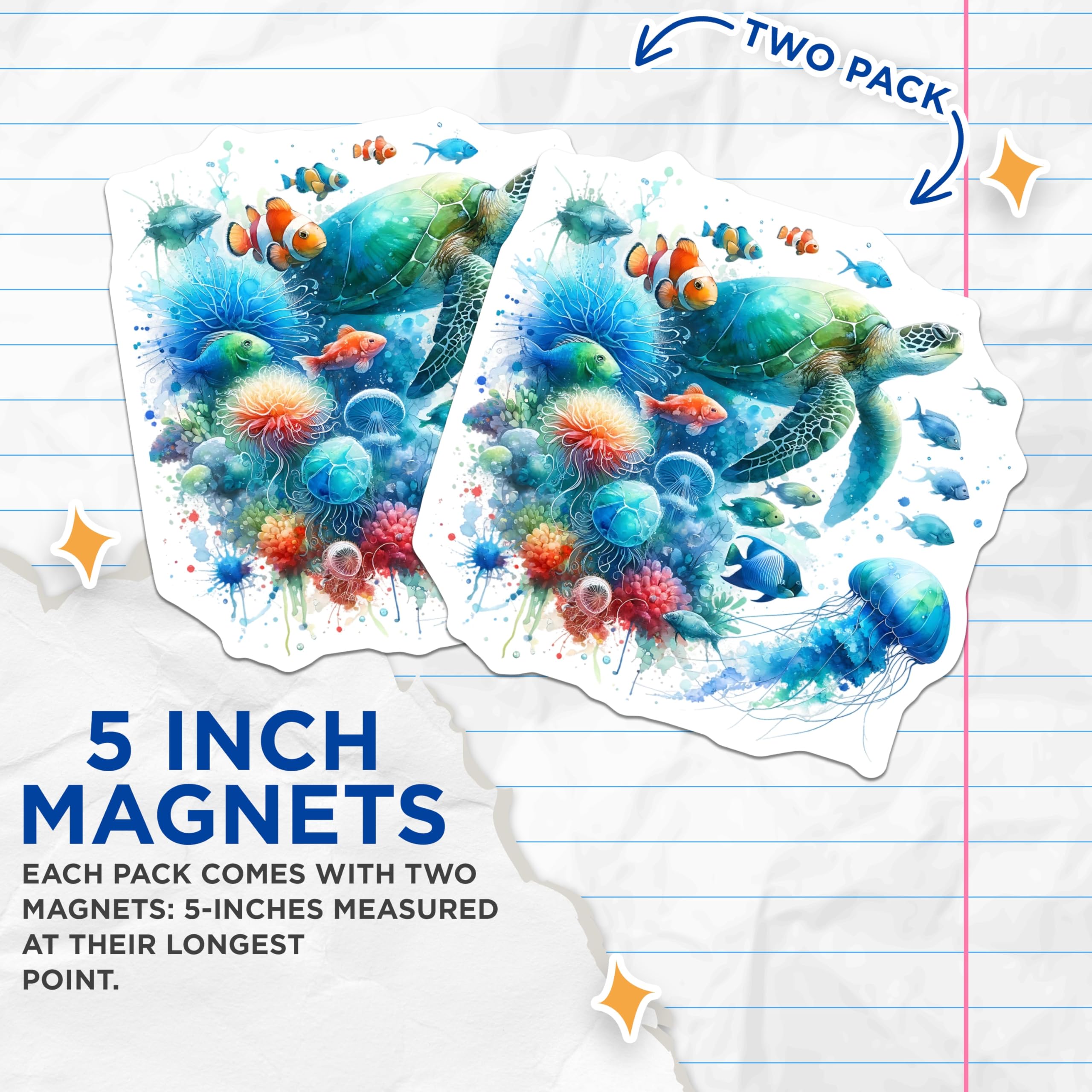 (2 Pack) Sea Turtle Magnets - Clownfish Decor - Ocean Life Art - 5" On Longest Side - Premium Magnet - for Cars, Refrigerators, Toolboxes, Lockers - Made in USA - MAG15576