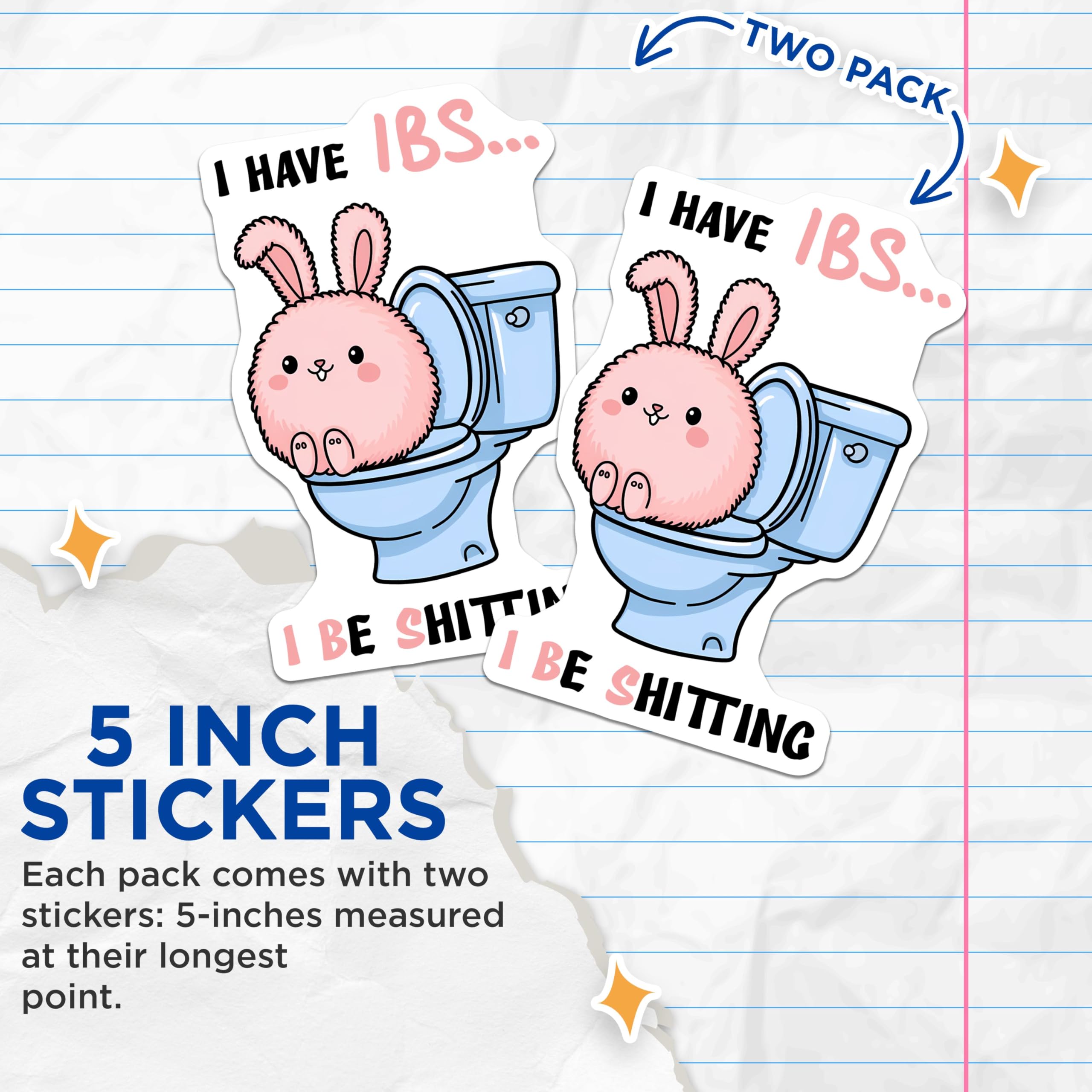 (2 Pack) Funny Bunny Stickers - Cute Bathroom Humor Stickers - Rabbit Toilet Stickers for IBS Awareness - 5" On Longest Side - Sticks to Any Smooth Flat Surface - Made in USA - BMCS3302