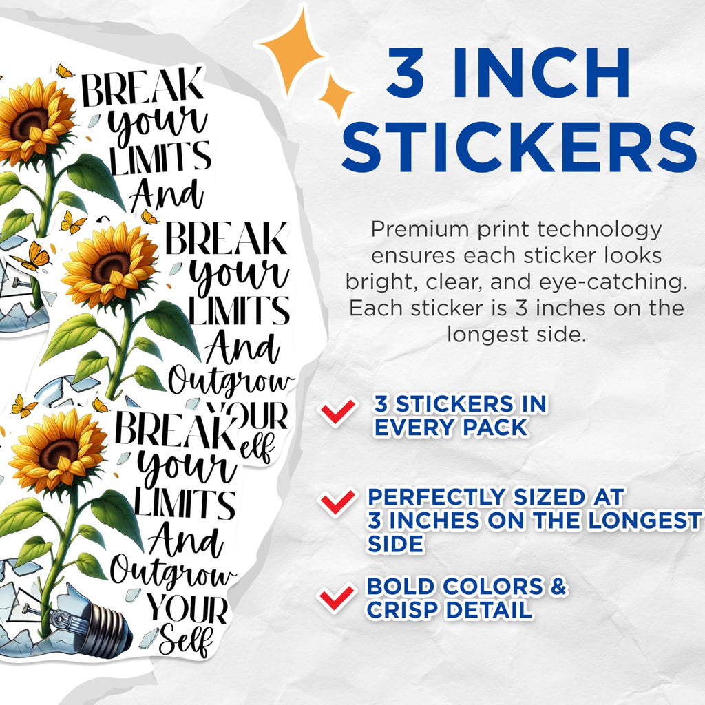 (3 Pack) Sunflower Laptop Decals - Motivational Decals - Break Limits Sticker - 3 Inches On Longest Side - Easy Peel & Apply - Made in USA - 3MCS1037