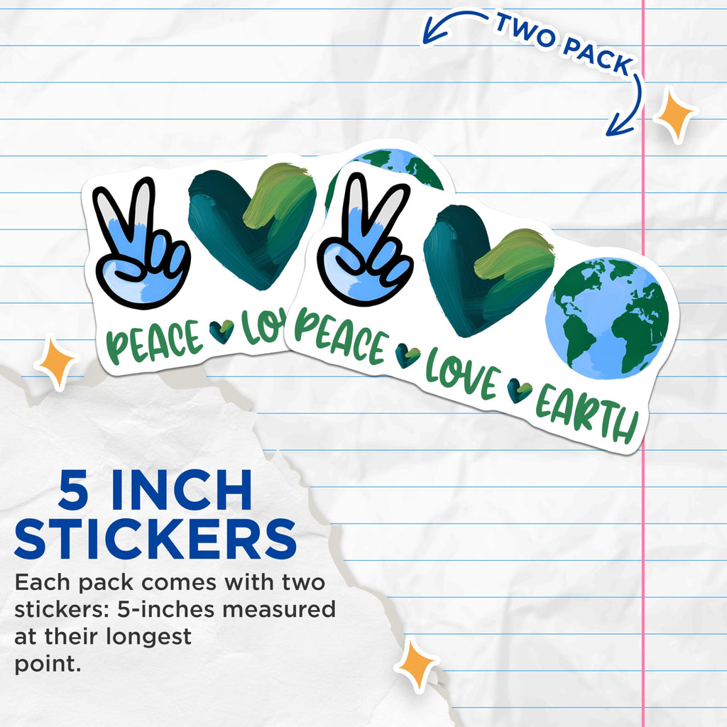 (2 Pack) Peace Love Earth Stickers - Eco Friendly - Planet Design - 5" On Longest Side - Sticks to Smooth Flat Surfaces - Made in USA - BMCS8438 - Environmental Awareness
