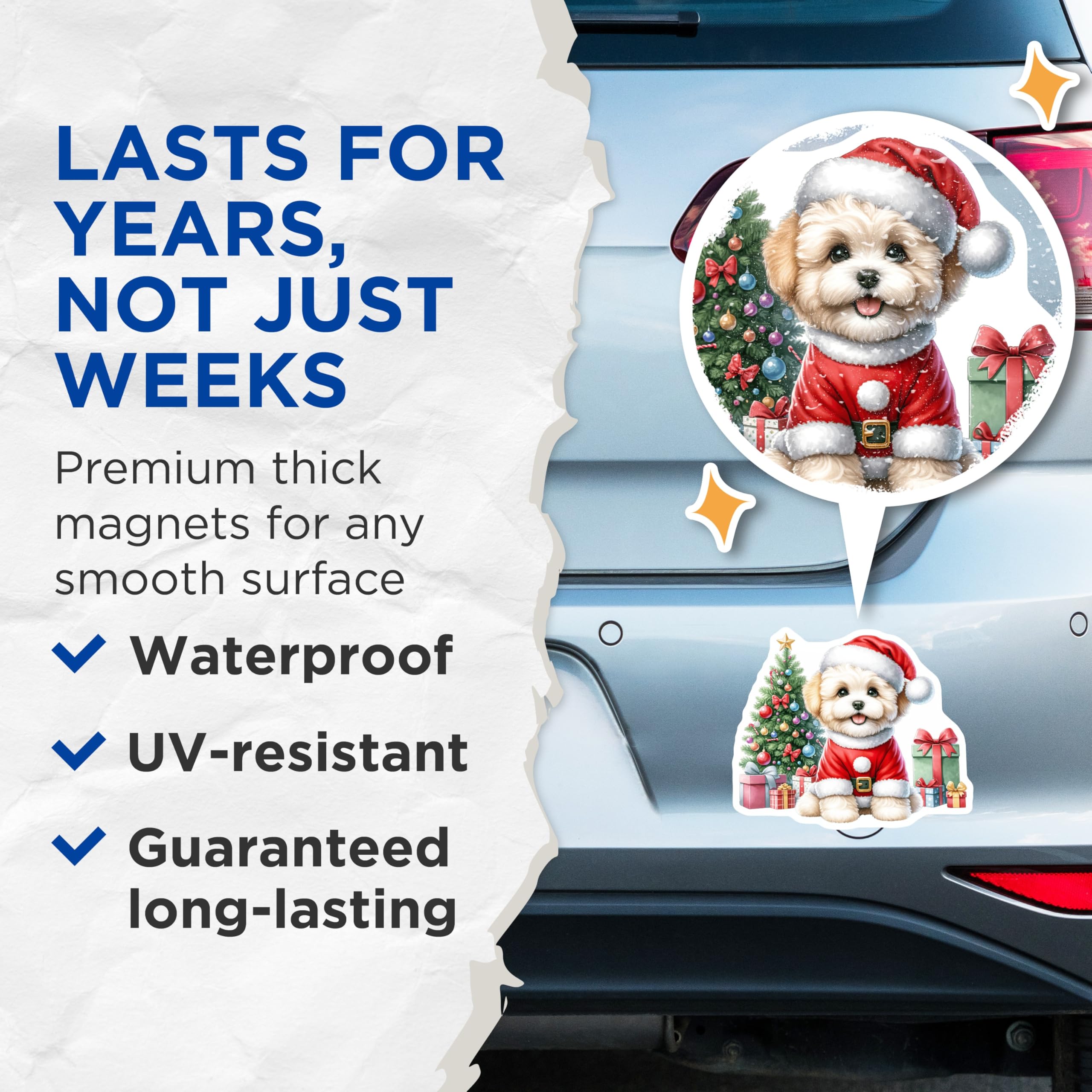 (2 Pack) Christmas Puppy Magnets - Santa Dog Holiday Decor - Cute Pet Refrigerator Accessory - 5 Inches On Longest Side - Thick Durable Magnet - Made in USA - MAG25116