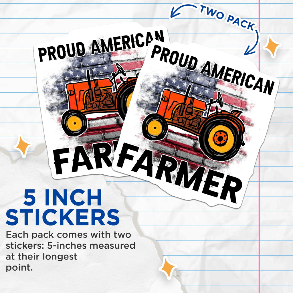 (2 Pack) Proud American Farmer Stickers - Tractor Decal - Patriotic Farming Art - 5" On Longest Side - Sticks to Smooth Flat Surfaces - Made in USA - BMCS5691