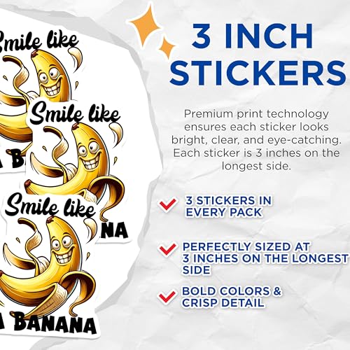 (3 Pack) Smile Like A Banana Decals - Funny Fruit - Cartoon Banana Decals - 3 Inches On Longest Side - Easy Peel & Apply - Made in USA - 3MCS7559