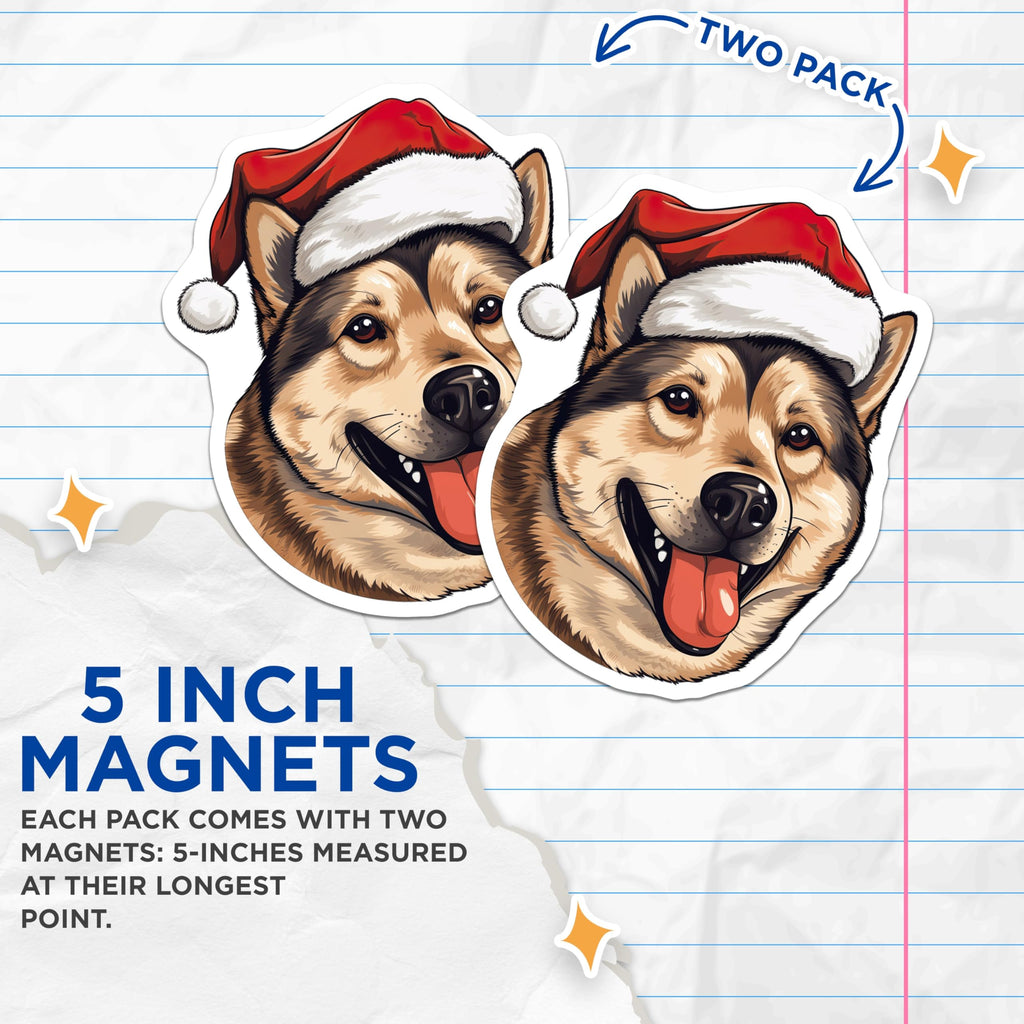 (2 Pack) Christmas Dog Magnets - Santa Hat Husky Decor - Festive Animal Fridge Accessories - 5 Inches On Longest Side - Thick Durable Magnet - Made in USA - MAG28973