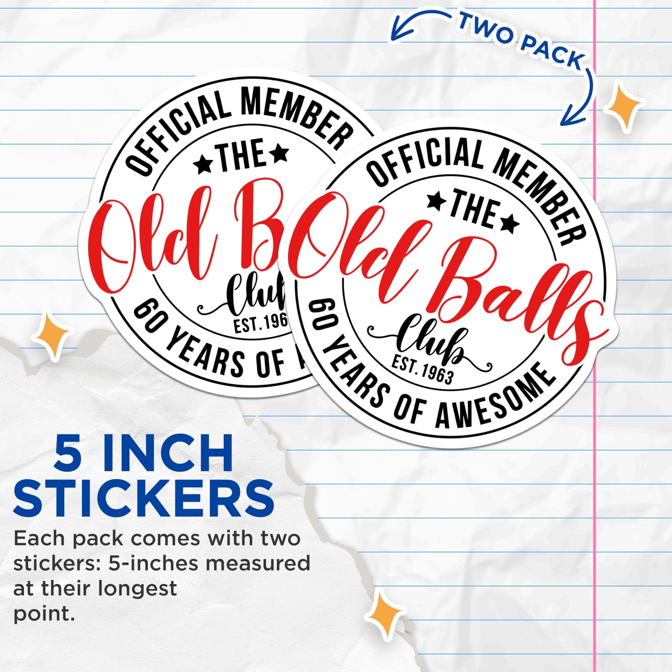 (2 Pack) Official Member Stickers - The Old Balls Club Stickers - 60 Years of Awesome Stickers - 5" On Longest Side - Sticks to Smooth Flat Surfaces - Made in USA - BMCS5233