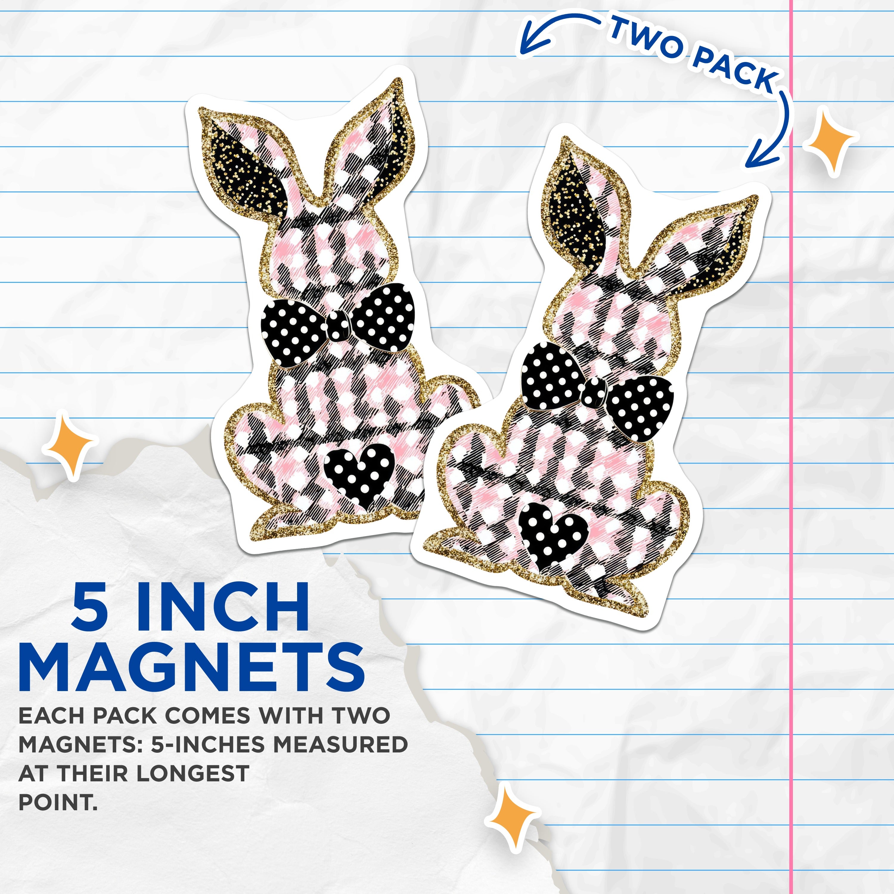 (2 Pack) Pink Plaid Bunny Magnets - Easter Spring Decor - Cute Refrigerator Decoration - Farmhouse Animal Accent - 5 Inches On Longest Side - Thick Durable Magnet - Made in USA - MAG38207