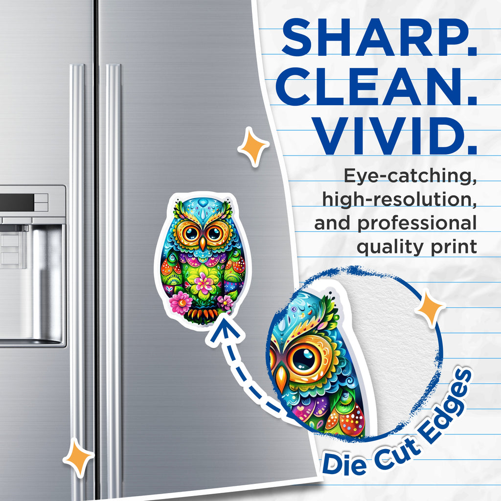(2 Pack) Vibrant Folk Art Owl Magnets - Bohemian Kitchen Decor - Whimsical Spiritual Animal Refrigerator Magnet Set - 5 Inches On Longest Side - Thick Durable Magnet - Made in USA - MAG38709