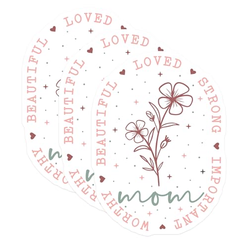 (3 Pack) Mom Flower Decals - Loved Strong Beautiful - Mother's Day Decals- 3 Inches On Longest Side - Easy Peel & Apply - Made in USA - 3MCS5622