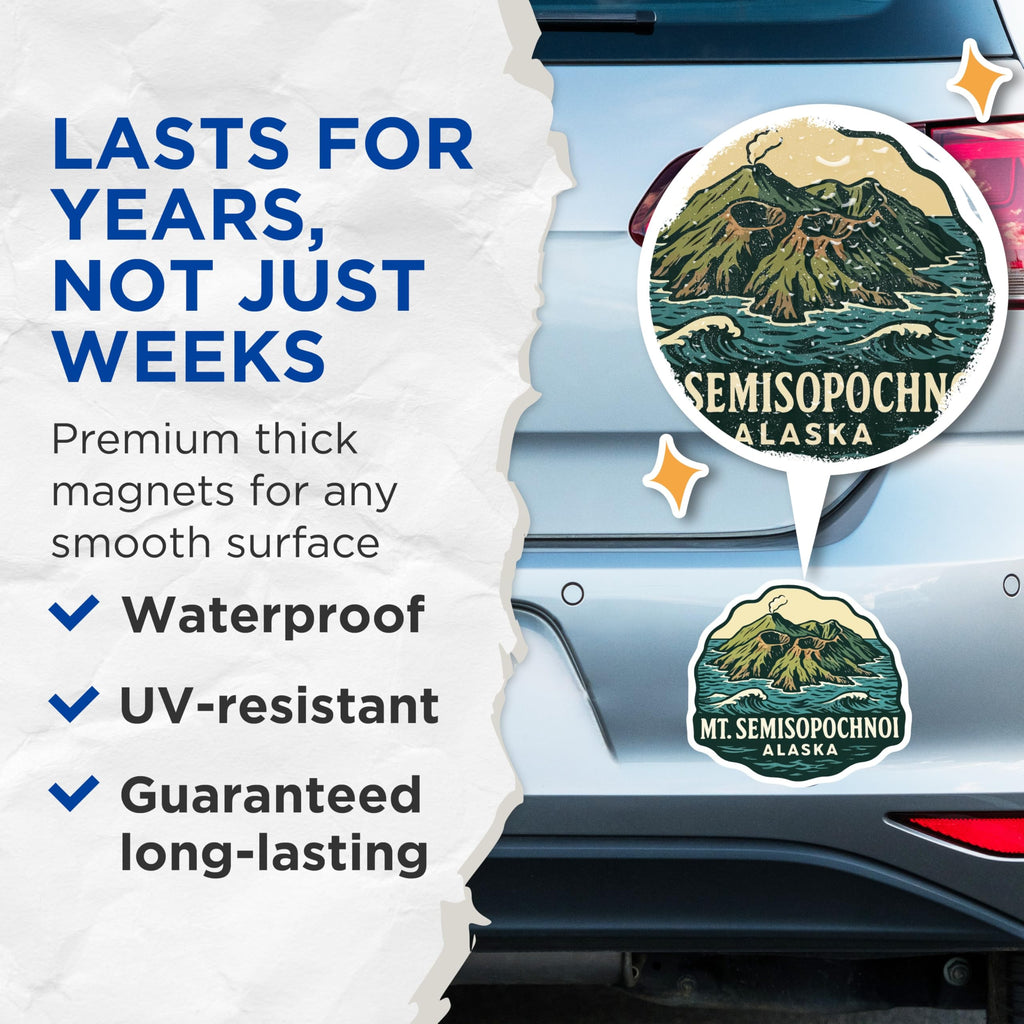 (2 Pack) Mt Semisopochnoi Alaska Magnets - Smoking Volcano Island Ocean Waves - Retro Travel Decor Destination Souvenir - 5 Inches On Longest Side - Thick Durable Magnet - Made in USA - MAG19612