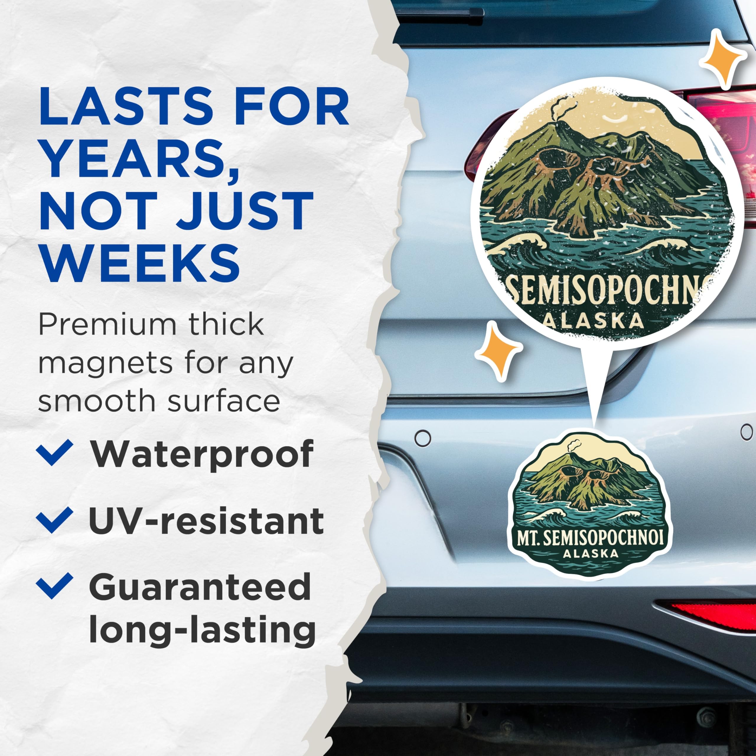 (2 Pack) Mt Semisopochnoi Alaska Magnets - Smoking Volcano Island Ocean Waves - Retro Travel Decor Destination Souvenir - 5 Inches On Longest Side - Thick Durable Magnet - Made in USA - MAG19612