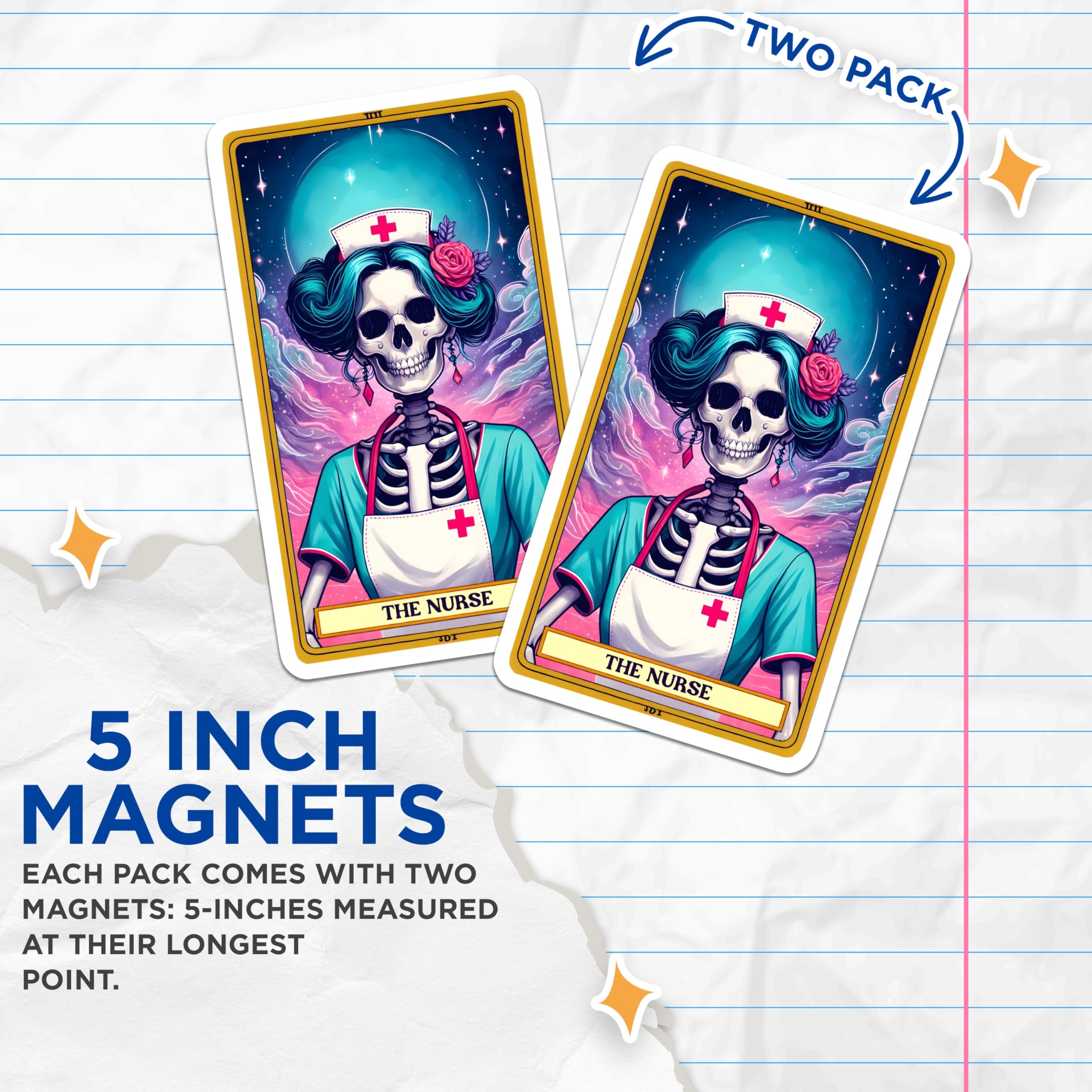 (2 Pack) Tarot Nurse Skeleton Magnets - Gothic Healthcare Professional Decor - Celestial Spooky RN Appreciation - 5 Inches On Longest Side - Thick Durable Magnet - Made in USA - MAG30763