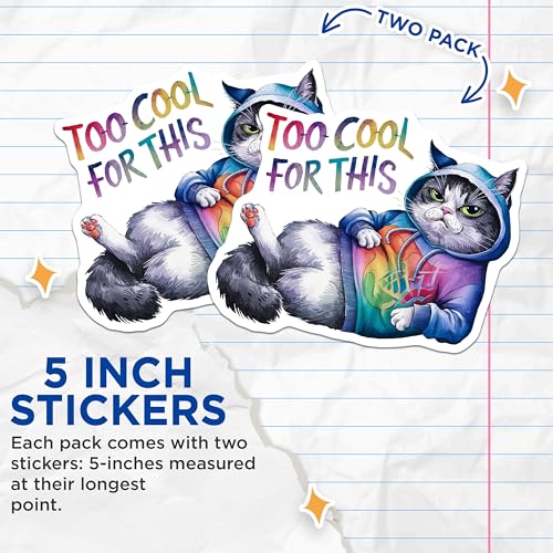 (2 Pack) Funny Cat Stickers - Cool Cat Decal - Trendy Cartoon - 5" On Longest Side - Sticks to Smooth Flat Surfaces - Made in USA - BMCS8553