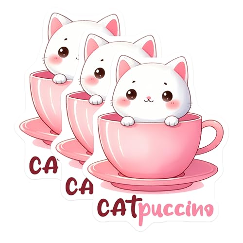 (3 Pack) Cat Decals - Catpuccino Decal - Cute Kitten Laptop Decal - 3 Inches On Longest Side - Easy Peel & Apply - Made in USA - 3MCS2075