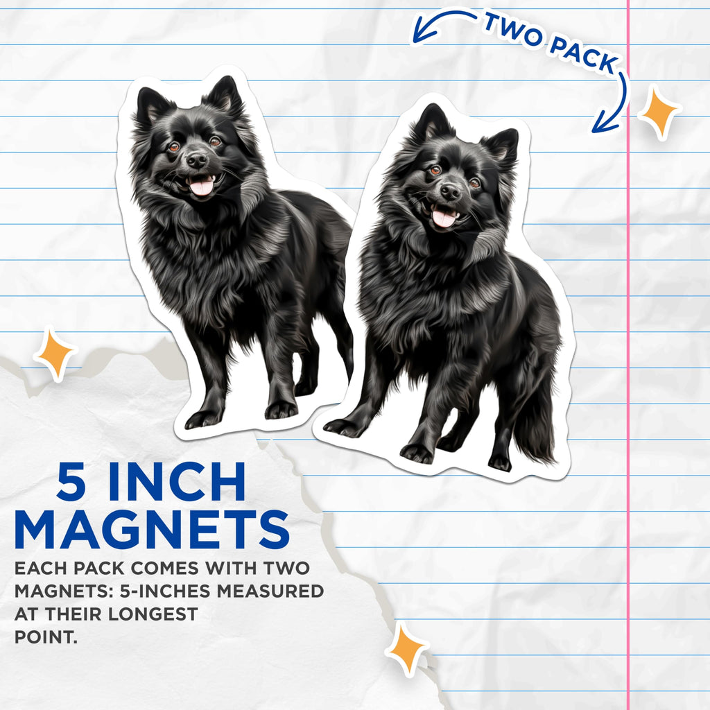 (2 Pack) Fluffy Black Dog Magnets - Happy Dog Lover Decor - Pet Parent Refrigerator Art - Schipperke Breed - 5 Inches On Longest Side - Thick Durable Magnet - Made in USA - MAG28395