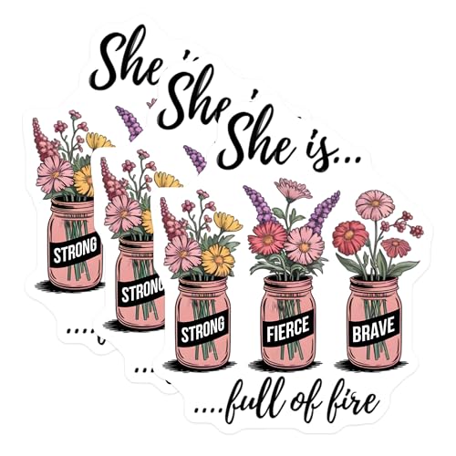 (3 Pack) Empowering Woman Decals - Strong Fierce Brave - Floral Jar Art Decals- 3 Inches On Longest Side - Easy Peel & Apply - Made in USA - 3MCS5410