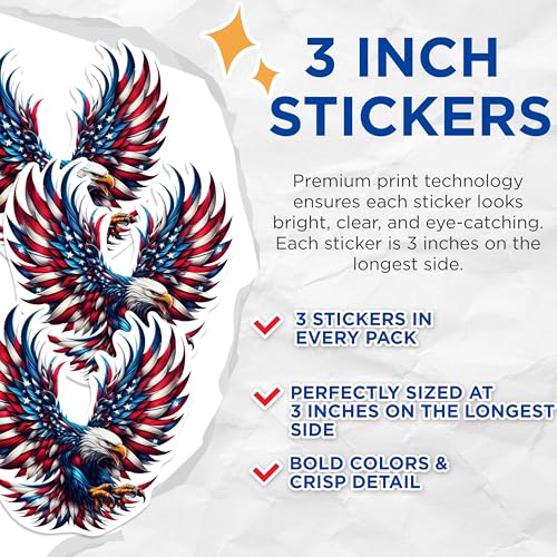 (3 Pack) American Eagle Decals - Patriotic Decals - USA Flag Decals - 3 Inches On Longest Side - Easy Peel & Apply - Made in USA - 3MCS0979