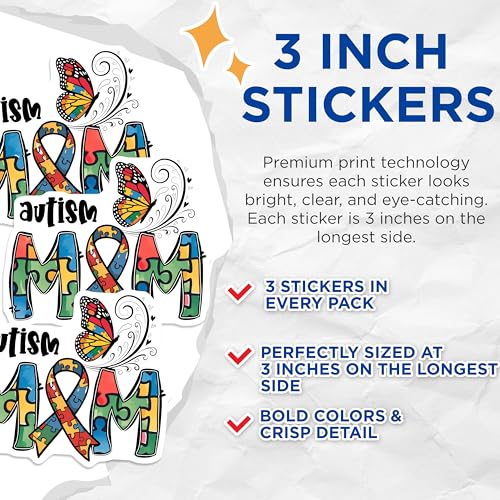 (3 Pack) Autism Mom Decals - Awareness Butterfly - Jigsaw Ribbon - 3 Inches On Longest Side - Easy Peel & Apply - Made in USA - 3MCS7198