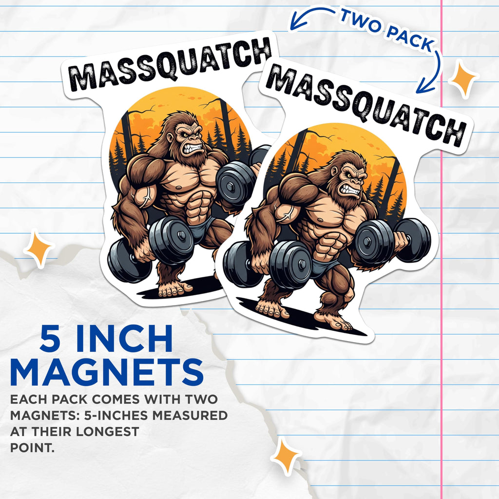 (2 Pack) Massquatch Magnets - Bigfoot Bodybuilder Art - Funny Gym Motivation - Workout Lover Decor - 5 Inches On Longest Side - Thick Durable Magnet - Made in USA - MAG22706