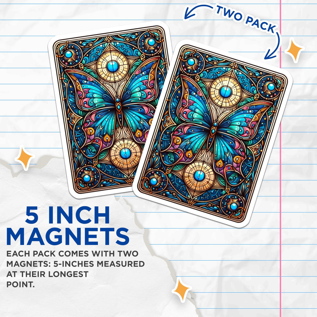 (2 Pack) Stained Glass Butterfly Magnets - Intricate Mosaic Insect Art - Vibrant Kitchen Decor Locker Accessories - 5 Inches On Longest Side - Thick Durable Magnet - Made in USA - MAG21142