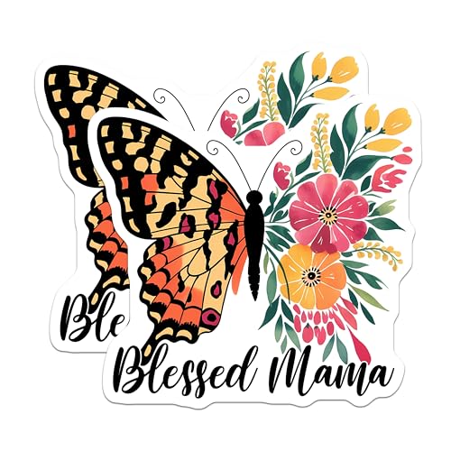 (2 Pack) Blessed Mama Stickers - Butterfly Floral - Mom Appreciation - 5" On Longest Side - Sticks to Smooth Flat Surfaces - Made in USA - BMCS7718