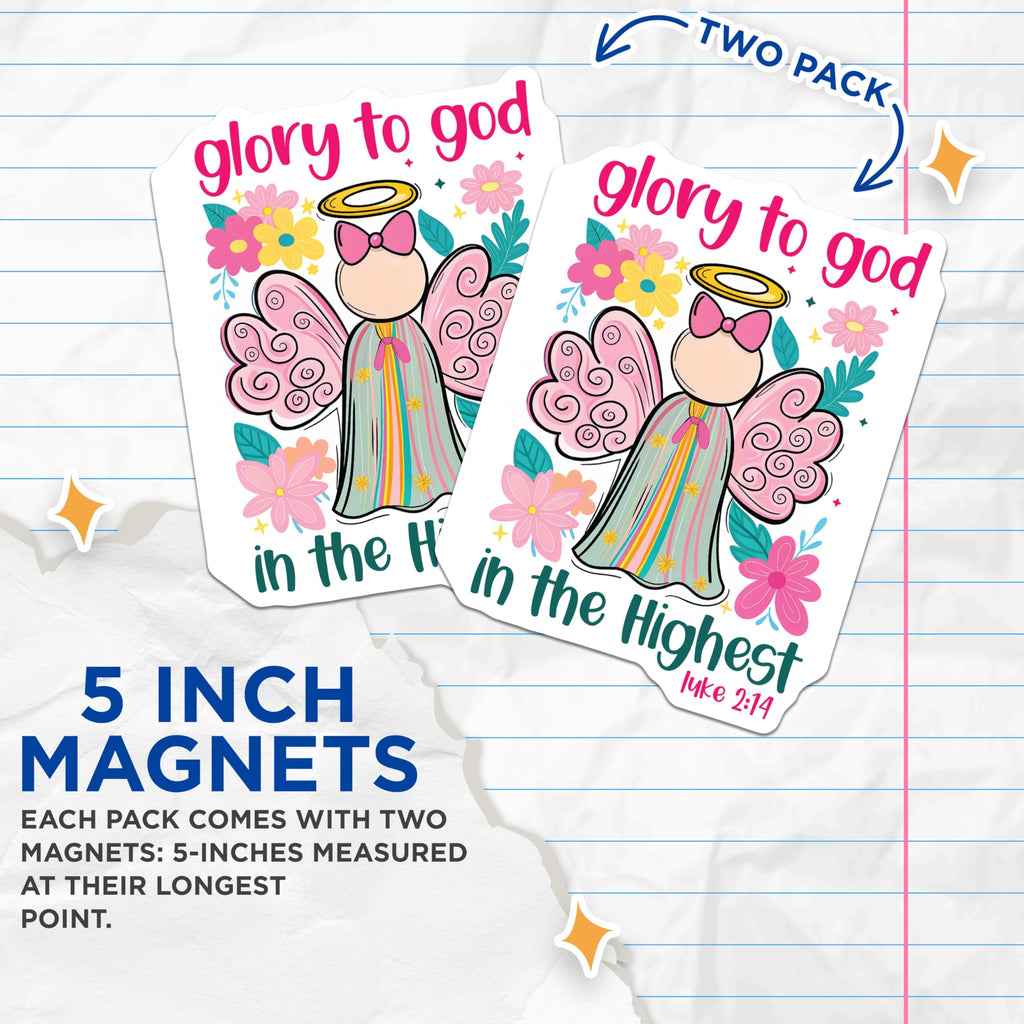 (2 Pack) Christian Angel Magnets - Glory to God in the Highest - Luke 2:14 Bible Verse - 5 Inches On Longest Side - Thick Durable Magnet - Made in USA - MAG29114