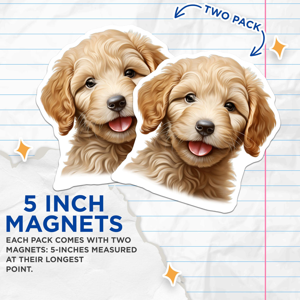 (2 Pack) Golden Doodle Puppy Magnets - Cute Dog Lover Refrigerator Decor - Pet Owner Present for Dog Mom - 5 Inches On Longest Side - Thick Durable Magnet - Made in USA - MAG28940