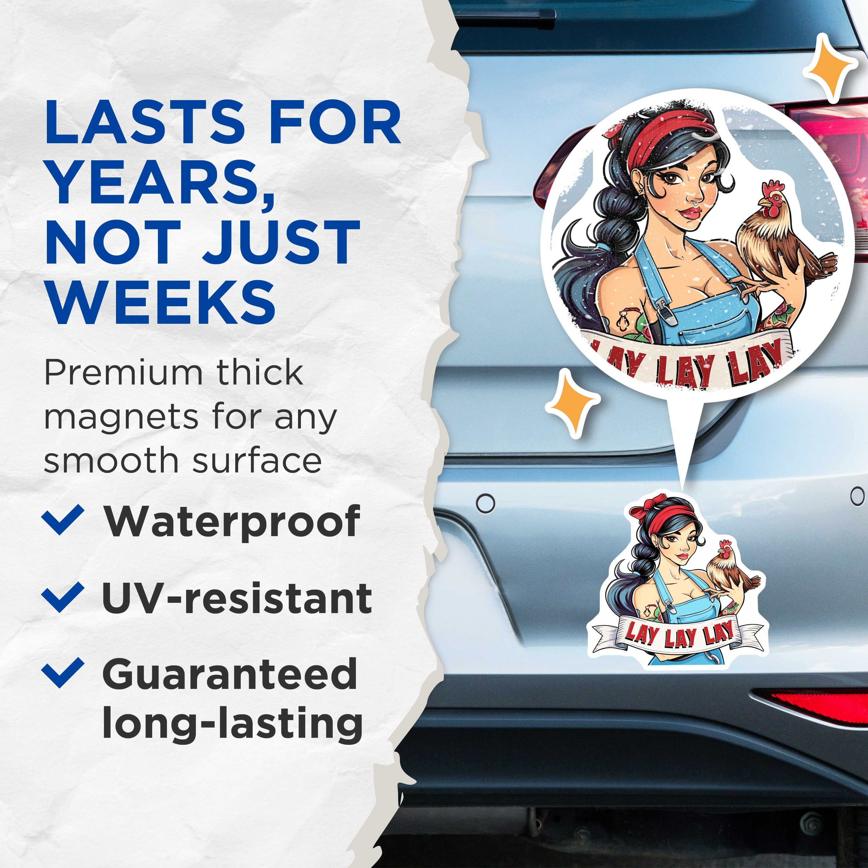 (2 Pack) Lay Lay Lay Magnets - Chicken Lady Pinup Style - Farmhouse Kitchen Decor - Funny Hen Rooster - Country Farm Life Keeper - 5" - Thick Durable Magnet - Made in USA - MAG39151