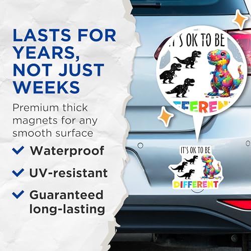 (2 Pack) It's OK to Be Different Magnets - Dinosaur Puzzle Piece - Motivational Message for Kids - 5" On Longest Side - for Cars, Refrigerators, Lockers - Made in USA BMCS3213