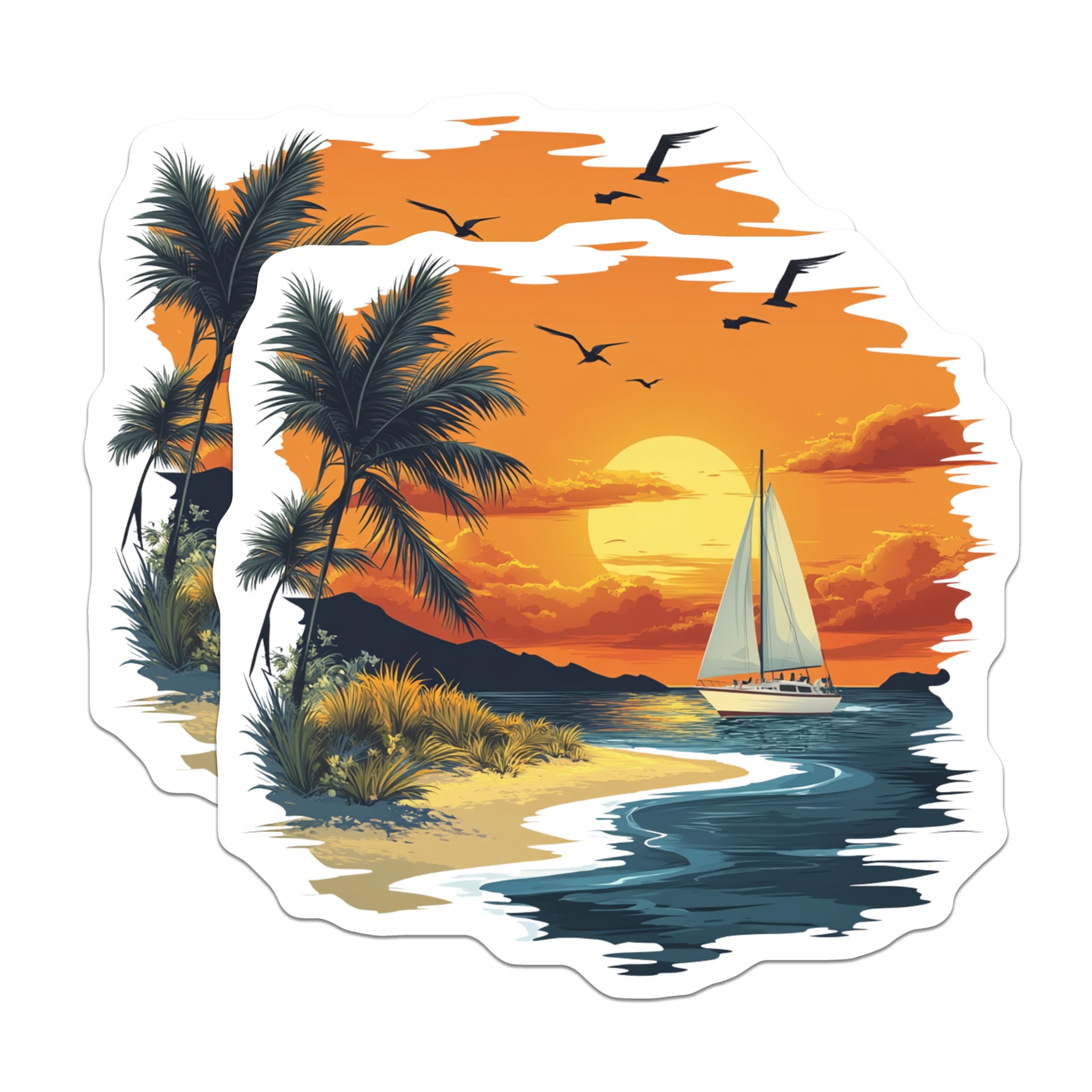 (2 Pack) Tropical Sunset Magnets - Coastal Beach Decor - Sailboat Paradise Vibe - Vacation Fridge Decor - 5 Inches On Longest Side - Thick Durable Magnet - Made in USA - MAG27360