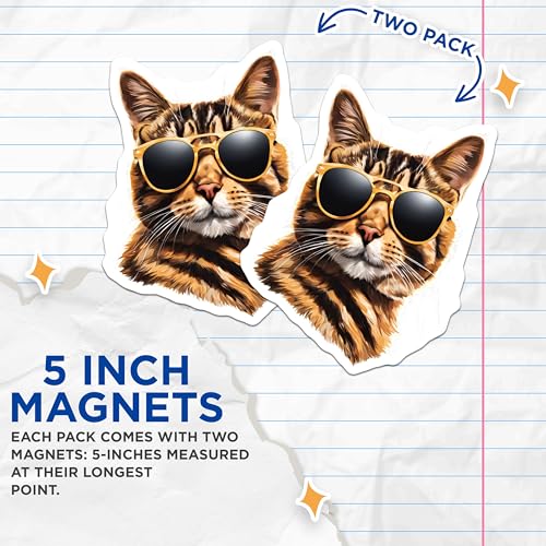 (2 Pack) Cool Cat Sunglasses Magnets - Funny Animal Magnets - Kitty with Shades Decor Magnets - 5" On Longest Side - for Cars, Refrigerators, Toolboxes, Lockers - Made in USA MAG3577