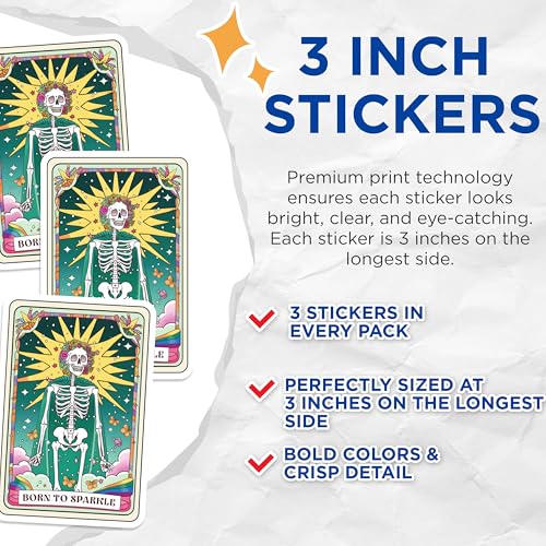 (3 Pack) Tarot Card Skeleton Decals - Born to Sparkle - Colorful Laptop Decals - 3 Inches On Longest Side - Easy Peel & Apply - Made in USA - 3MCS2705
