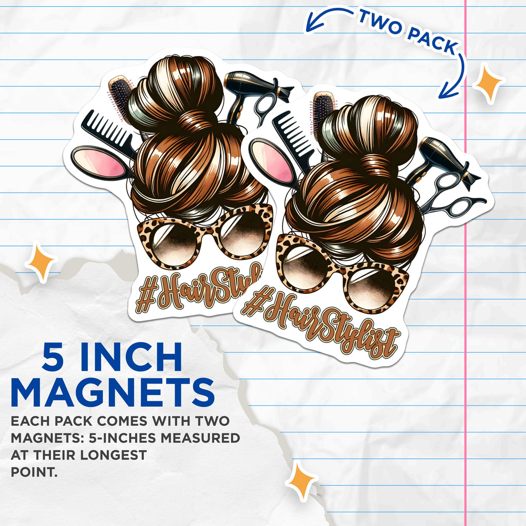 (2 Pack) Hair Stylist Magnets - Messy Bun Leopard Print Hairdresser - Salon Decor Cosmetology Professional - 5 Inches On Longest Side - Thick Durable Magnet - Made in USA - MAG39543