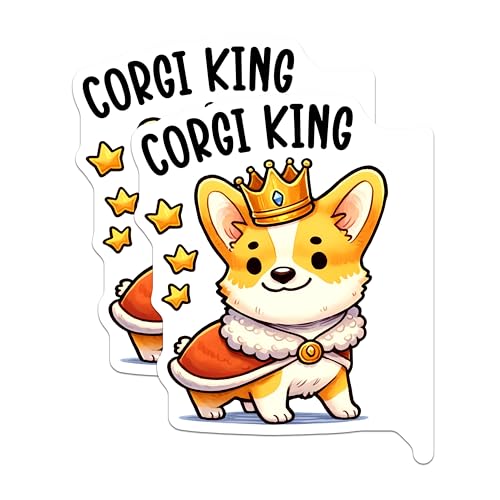 (2 Pack) Corgi King Stickers - Cute Dog Sticker - Corgi Puppy Stickers for Laptop - 5" On Longest Side - Sticks to Smooth Flat Surfaces - Made in USA - BMCS3655