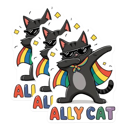 (3 Pack) Pride Ally Cat Decals - LGBT Supporter - Rainbow Cape - Dabbing Kitty Stickers - 3 Inches On Longest Side - Easy Peel & Apply - Made in USA - 3MCS8315