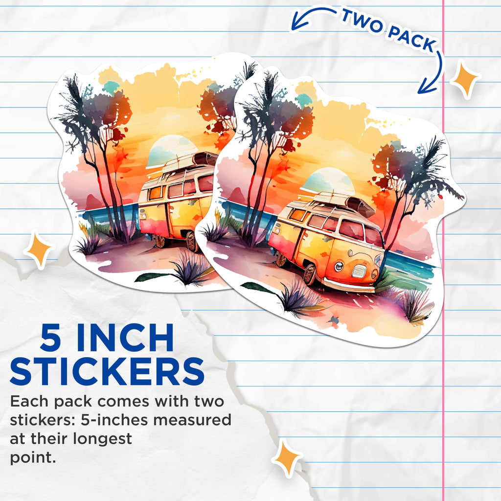 (2 Packs) Sunset On The Beach Stickers - Beach Bum Surfer Aloha Good Vibes Decals - 5 Inches On Longest Side - Premium Vinyl Decal - Sticks to Any Smooth Flat Surface - Made in USA - BMCS2321