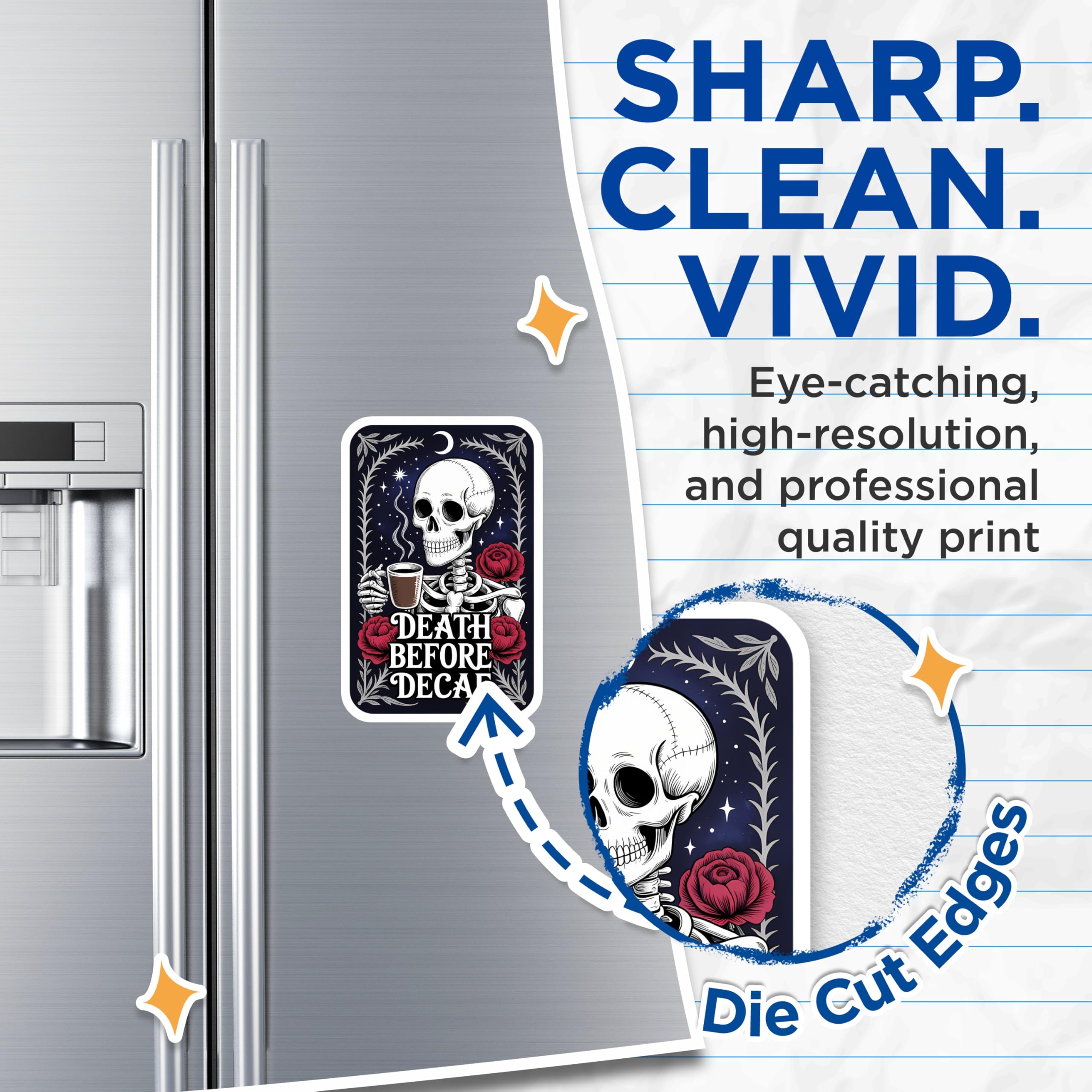 (2 Pack) Skeleton Coffee Magnets - Death Before Decaf Art - Gothic Kitchen Decor - Caffeine Lover Skull Fridge Magnet - 5 Inches On Longest Side - Thick Durable Magnet - Made in USA - MAG22126